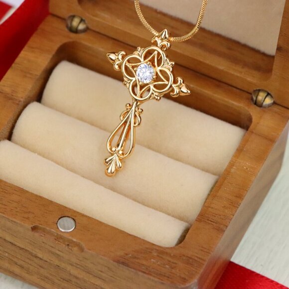 "Ornate Rose Gold Cross Pendant with Intricate Detailing and CZ Center, XPPT1841 - Picture 8 of 13